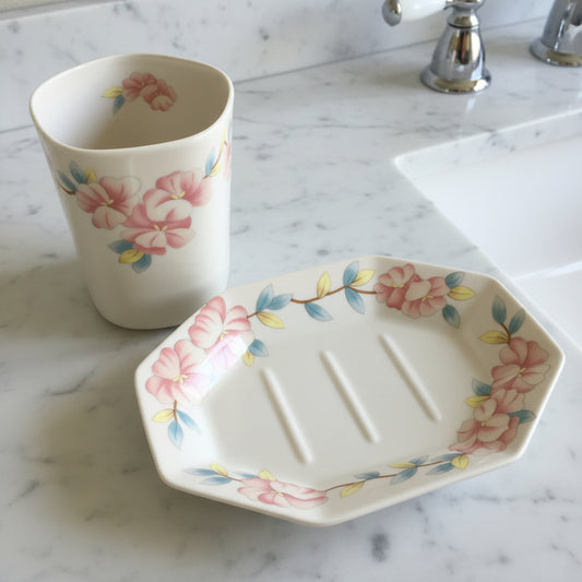 Mid-century Vintage Porcelain Floral Soap Dish & Matching Cup