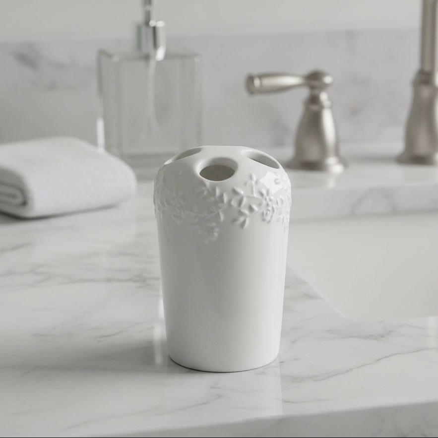 White Porcelain Toothbrush Holder with Embossed Floral Pattern
