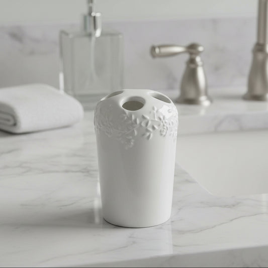 White Porcelain Toothbrush Holder with Embossed Floral Pattern
