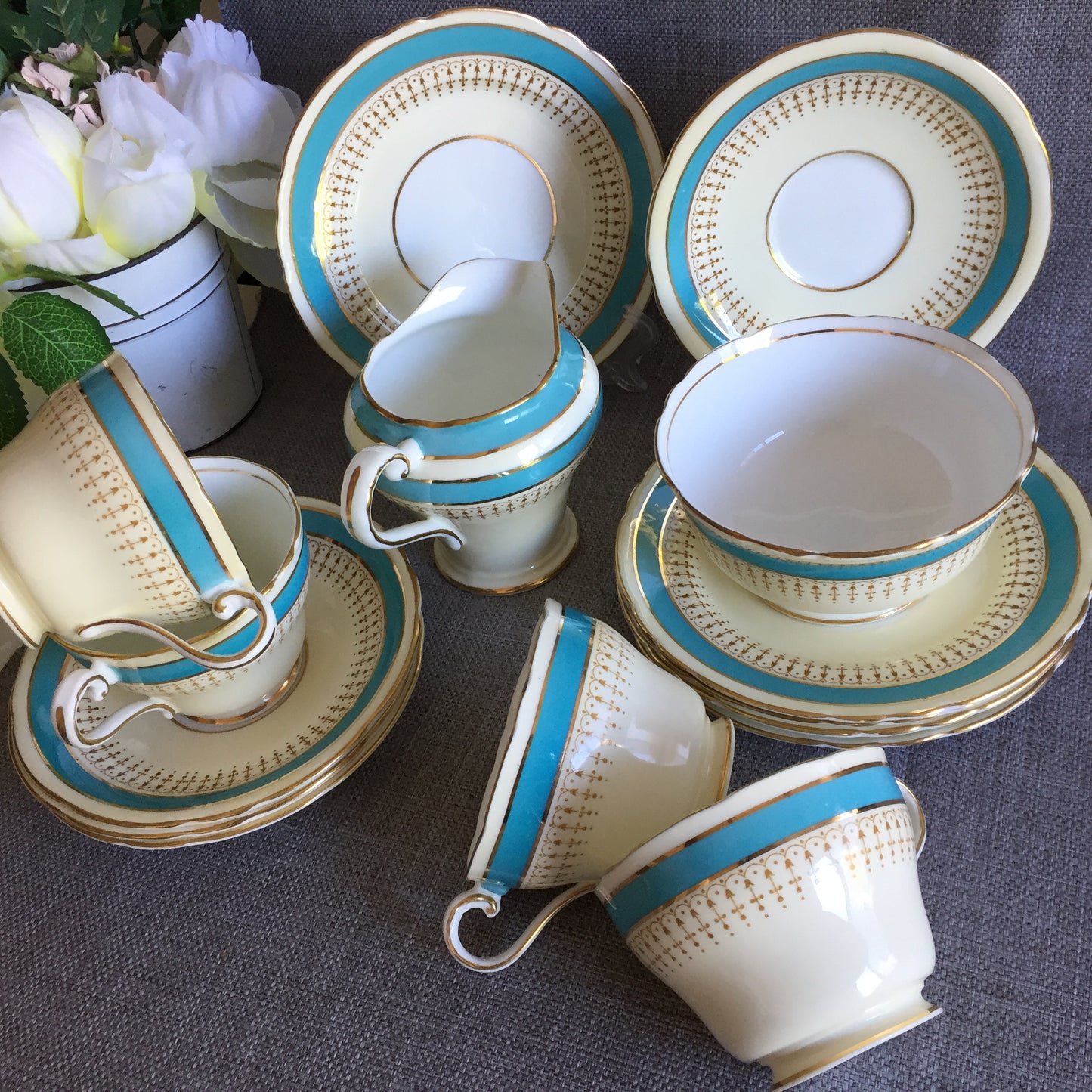 Aynsley Corset Aqua & Gold Filigre Tea Set for Four | 14 Pieces Unused Vintage