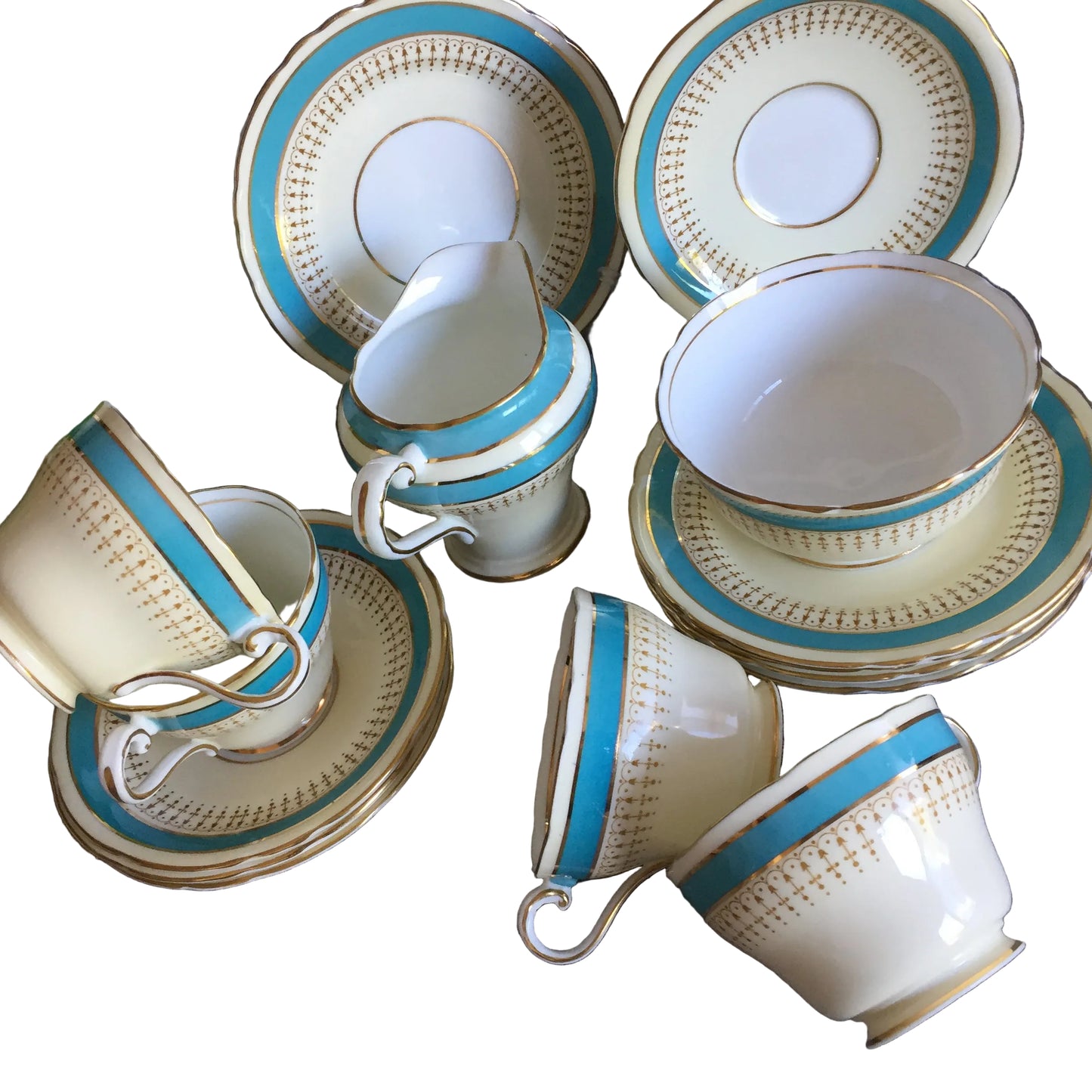Aynsley Corset Aqua & Gold Filigre Tea Set for Four | 14 Pieces Unused Vintage