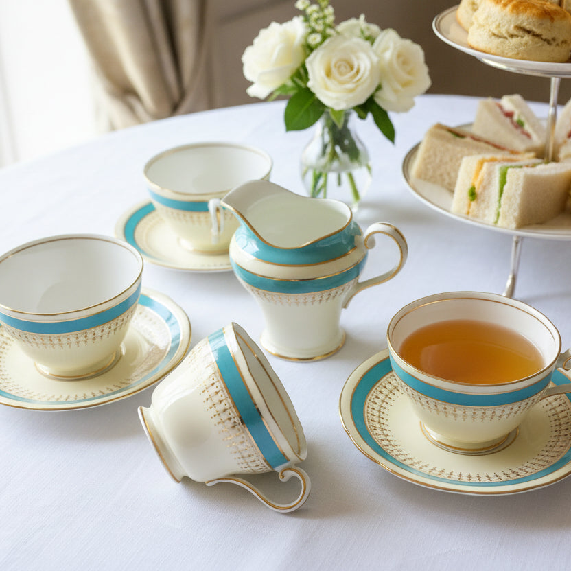 Aynsley Corset Aqua & Gold Filigre Tea Set for Four | 14 Pieces Unused Vintage