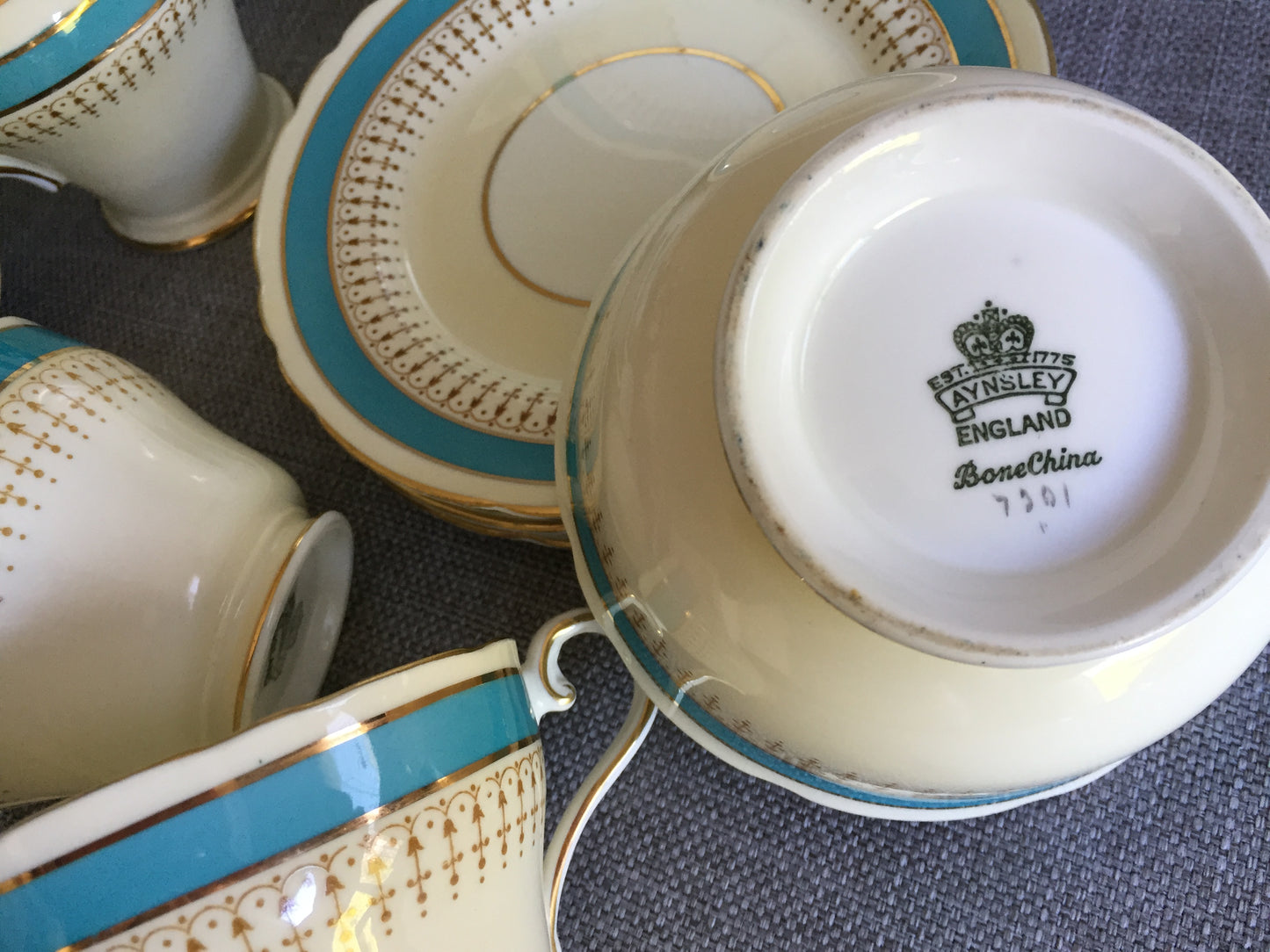 Aynsley Corset Aqua & Gold Filigre Tea Set for Four | 14 Pieces Unused Vintage