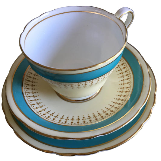 Aynsley Corset Aqua & Gold Filigre Tea Cup, Saucer, Plate Demitasse Trio | Unused Vintage