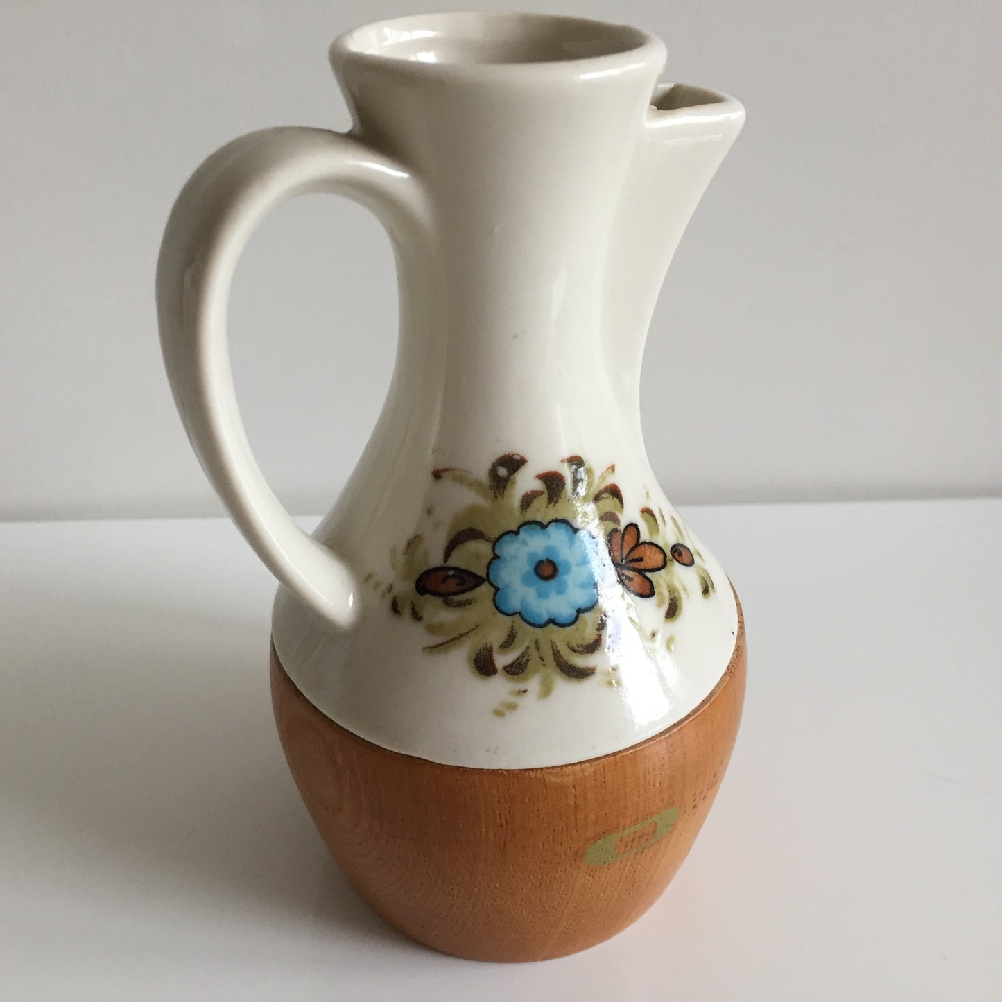 Japanese Made 1970s Vintage Ceramic and Wood Oil Cruet