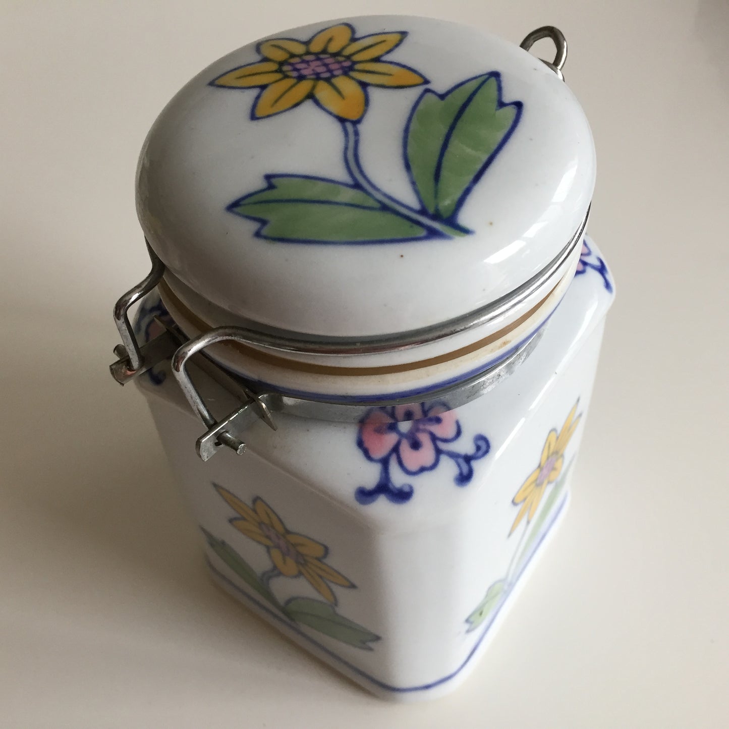 Japanese Vintage Ceramic Tea Canister with Yellow Floral Pattern