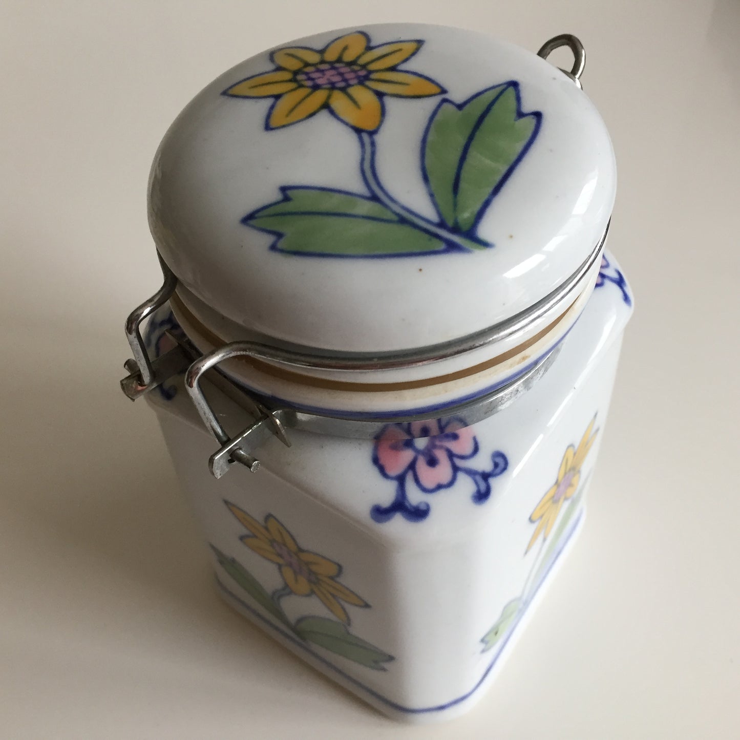Japanese Vintage Ceramic Tea Canister with Yellow Floral Pattern