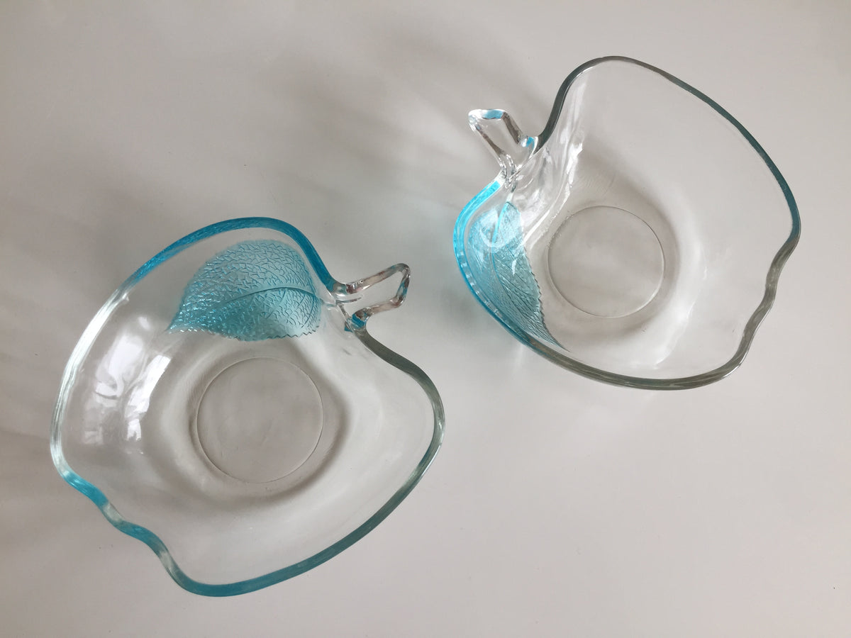 Pair of Vintage KIG Indonesia Apple Shaped Fruit | Berry Bowl Textured Leaf Aqua Blue
