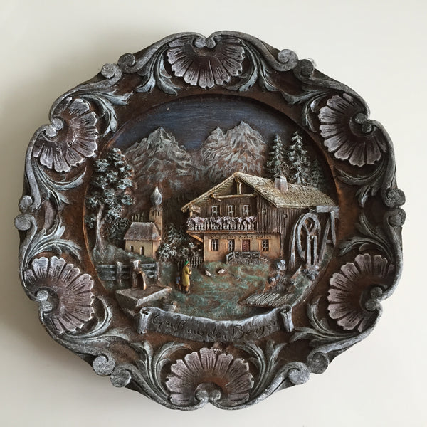 German Mid Century Vintage Wall Décor Alpine Mountain Scenery Plaque