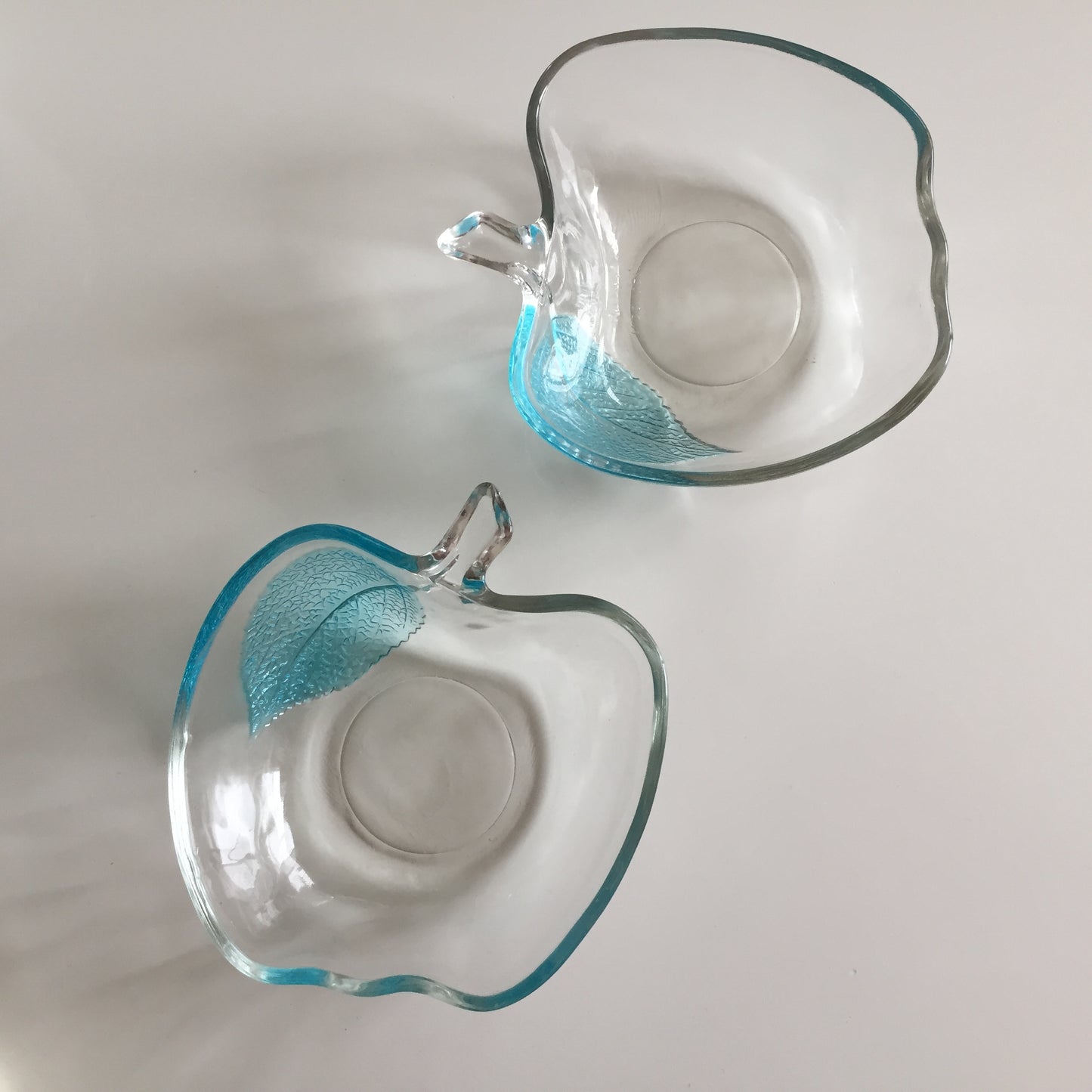 Pair of Vintage KIG Indonesia Apple Shaped Fruit | Berry Bowl Textured Leaf Aqua Blue