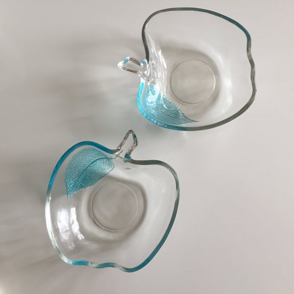 Pair of Vintage KIG Indonesia Apple Shaped Fruit | Berry Bowl Textured Leaf Aqua Blue