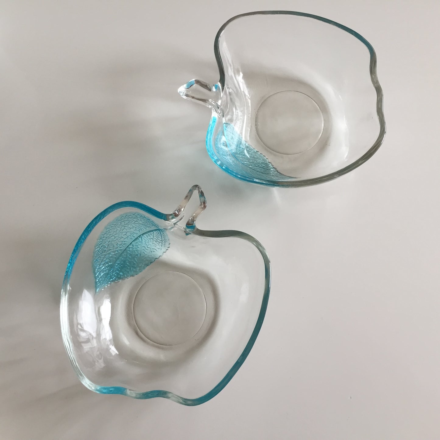 Pair of Vintage KIG Indonesia Apple Shaped Fruit | Berry Bowl Textured Leaf Aqua Blue