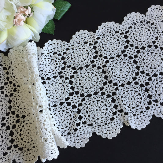 White Cotton Crochet Lace Table Runner | Handmade Vintage