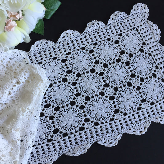White Cotton Crochet Lace Table Runner | Handmade Vintage
