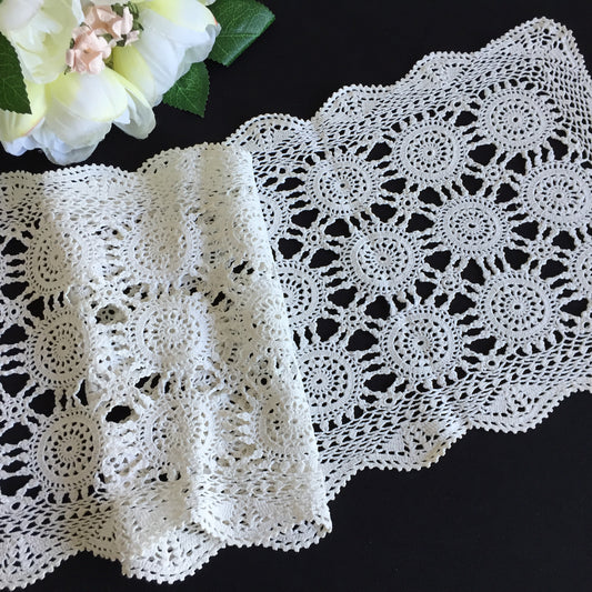 Off-White Cotton Crochet Lace Table Runner | Handmade Vintage