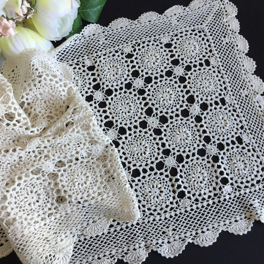 Beige Cotton Crochet Lace Table Runner | Handmade Vintage