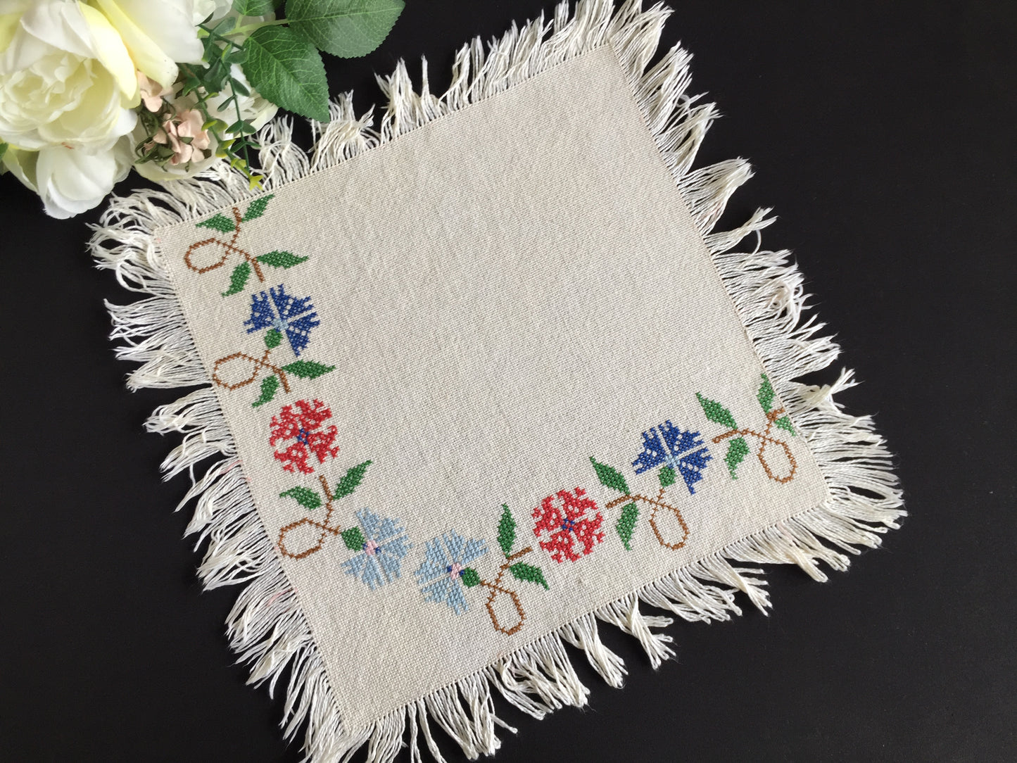 Vintage Counted Cross Stitch Embroidered Fringed Table Centre Doily