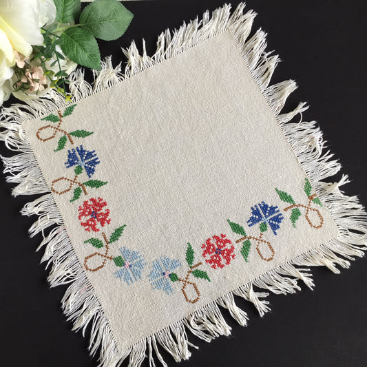 Vintage Counted Cross Stitch Embroidered Fringed Table Centre Doily