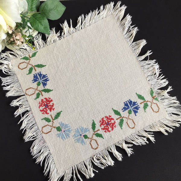 Vintage Counted Cross Stitch Embroidered Fringed Table Centre Doily