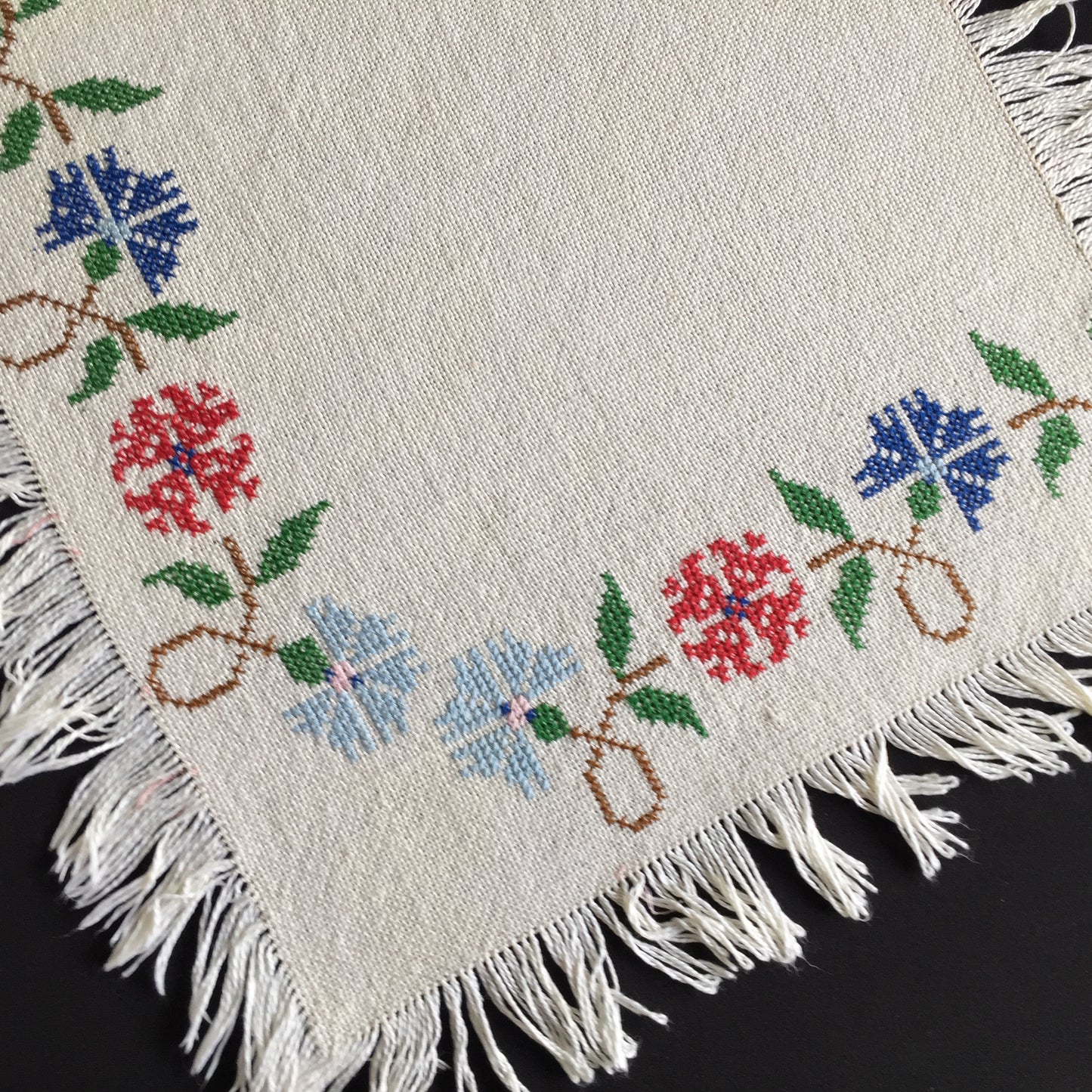 Vintage Counted Cross Stitch Embroidered Fringed Table Centre Doily