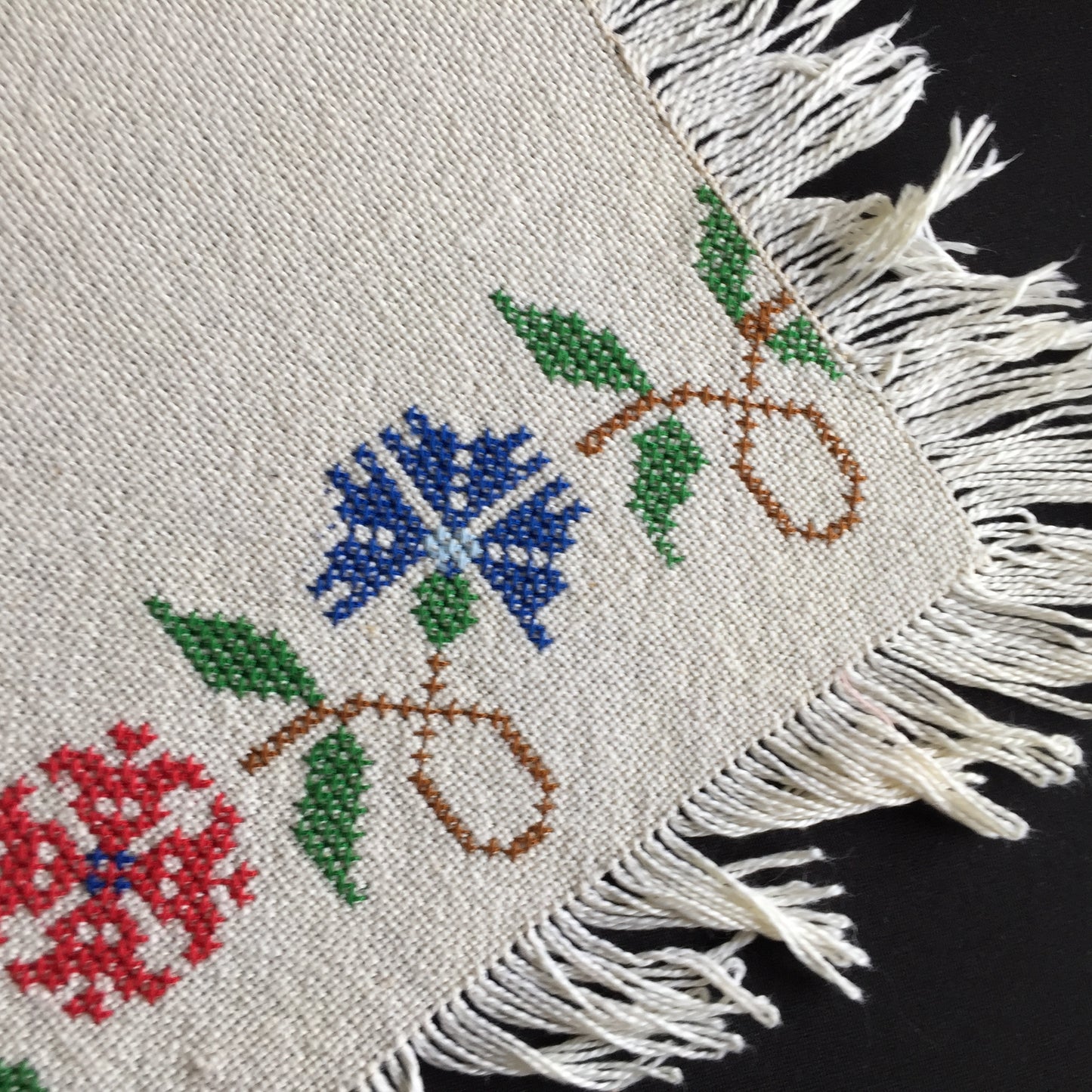 Vintage Counted Cross Stitch Embroidered Fringed Table Centre Doily