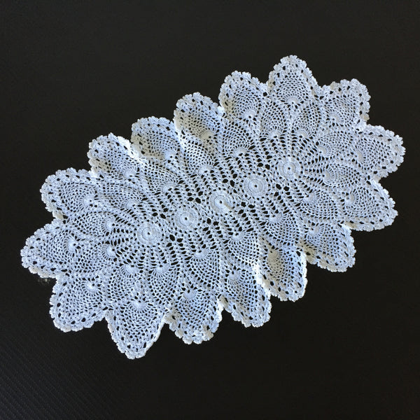 Vintage Oblong White Cotton Crochet Lace Table Centre Doily | Tray Cloth