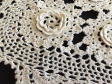 Load image into Gallery viewer, Oblong Crocheted White Cotton Lace Doily with 3D Irish Rose Pattern