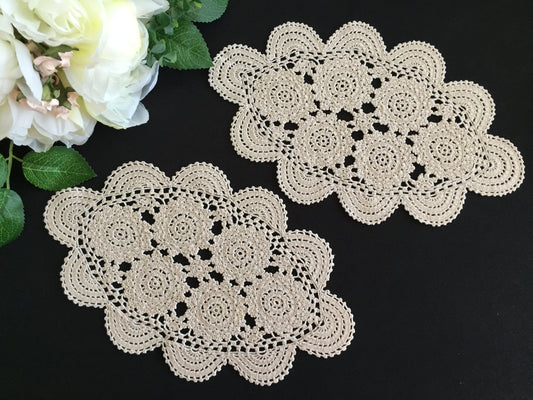 Handmade Mid Century Vintage Crochet Lace Oblong Ecru Cotton Doily Pair