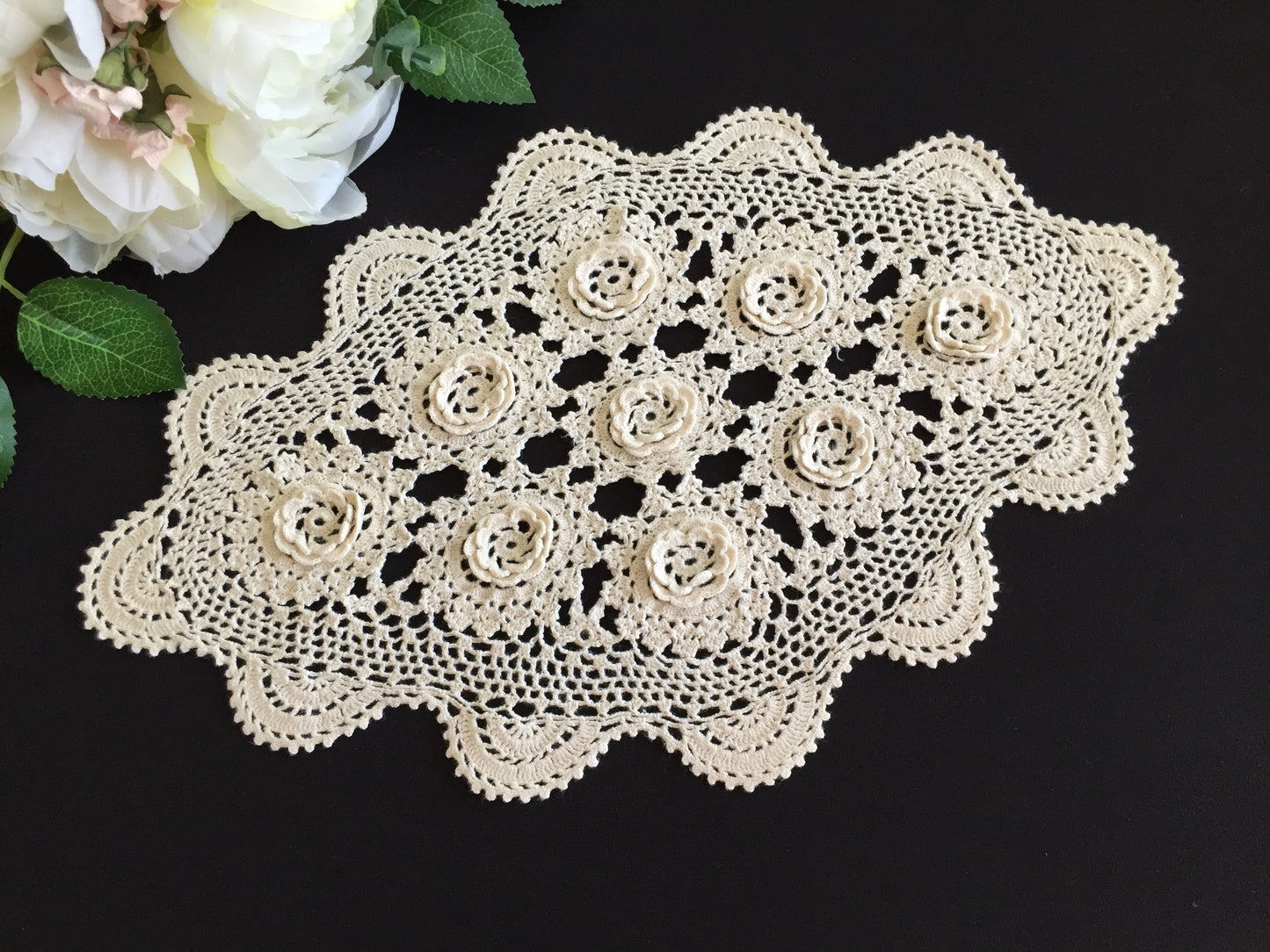 Oblong Crocheted White Cotton Lace Doily with 3D Irish Rose Pattern