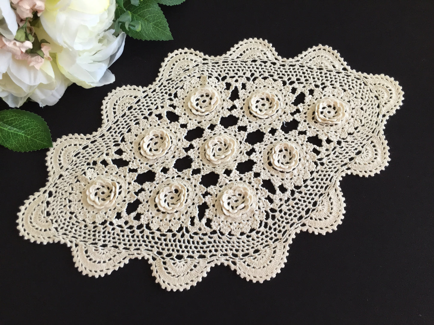 Oblong Crocheted White Cotton Lace Doily with 3D Irish Rose Pattern