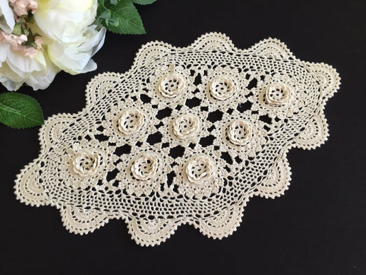 Oblong Crocheted White Cotton Lace Doily with 3D Irish Rose Pattern
