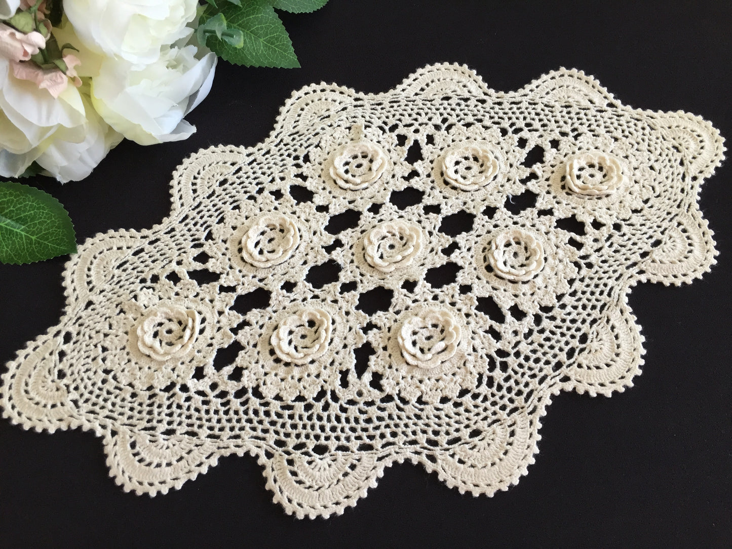 Oblong Crocheted White Cotton Lace Doily with 3D Irish Rose Pattern