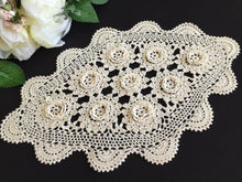 Load image into Gallery viewer, Oblong Crocheted White Cotton Lace Doily with 3D Irish Rose Pattern