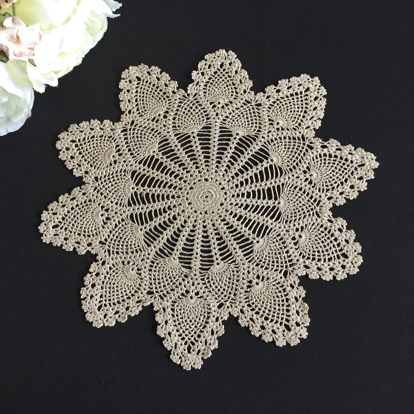 Small 9" Vintage Crocheted Cotton Lace Doily with Pineapple Pattern