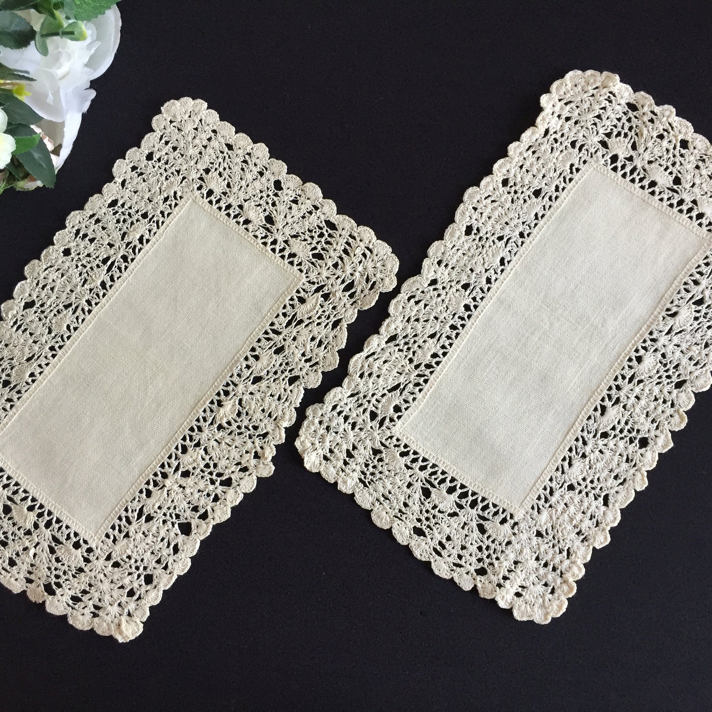 A Pair of Edwardian Antique Linen Centre Doilies with a Crochet Lace Border