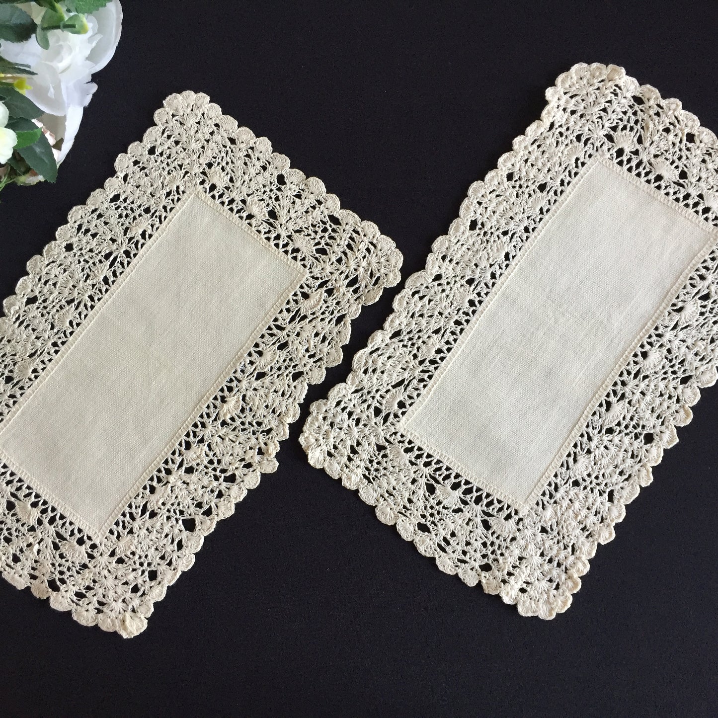 A Pair of Edwardian Antique Linen Centre Doilies with a Crochet Lace Border