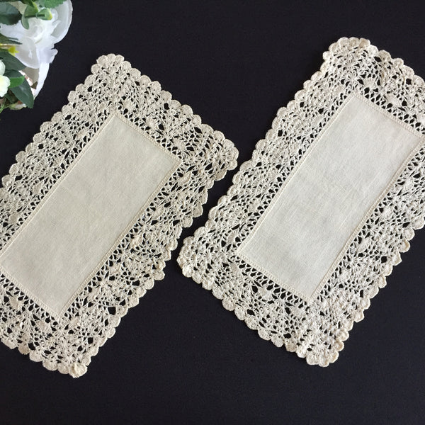 A Pair of Edwardian Antique Linen Centre Doilies with a Crochet Lace Border