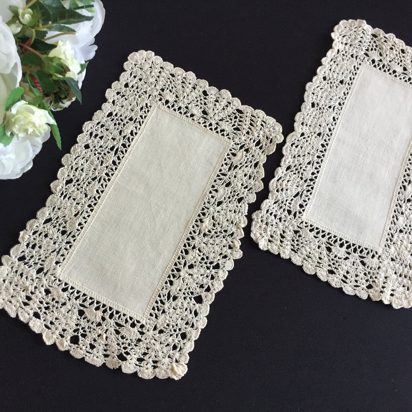 A Pair of Edwardian Antique Linen Centre Doilies with a Crochet Lace Border