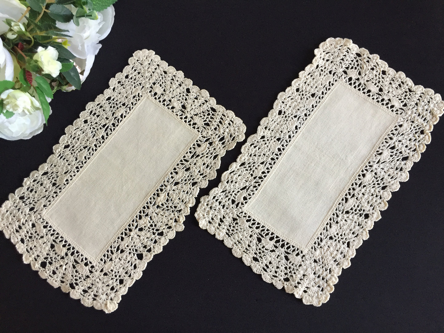 A Pair of Edwardian Antique Linen Centre Doilies with a Crochet Lace Border