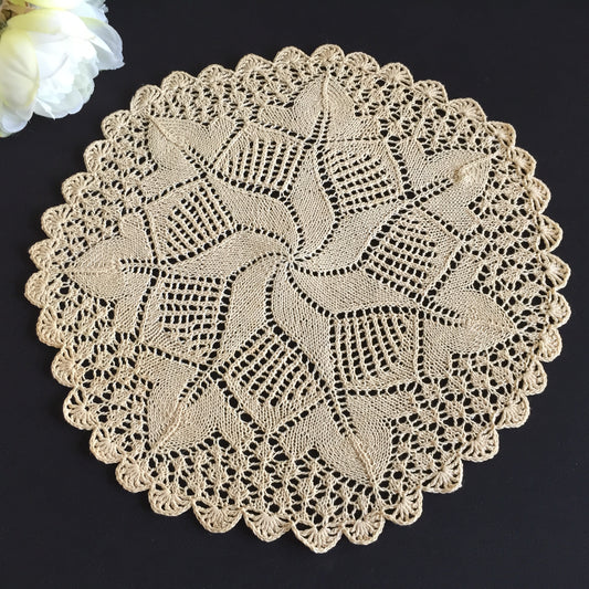 Large Hand Knitted Vintage Ecru Cotton Lace Table Centre Doily