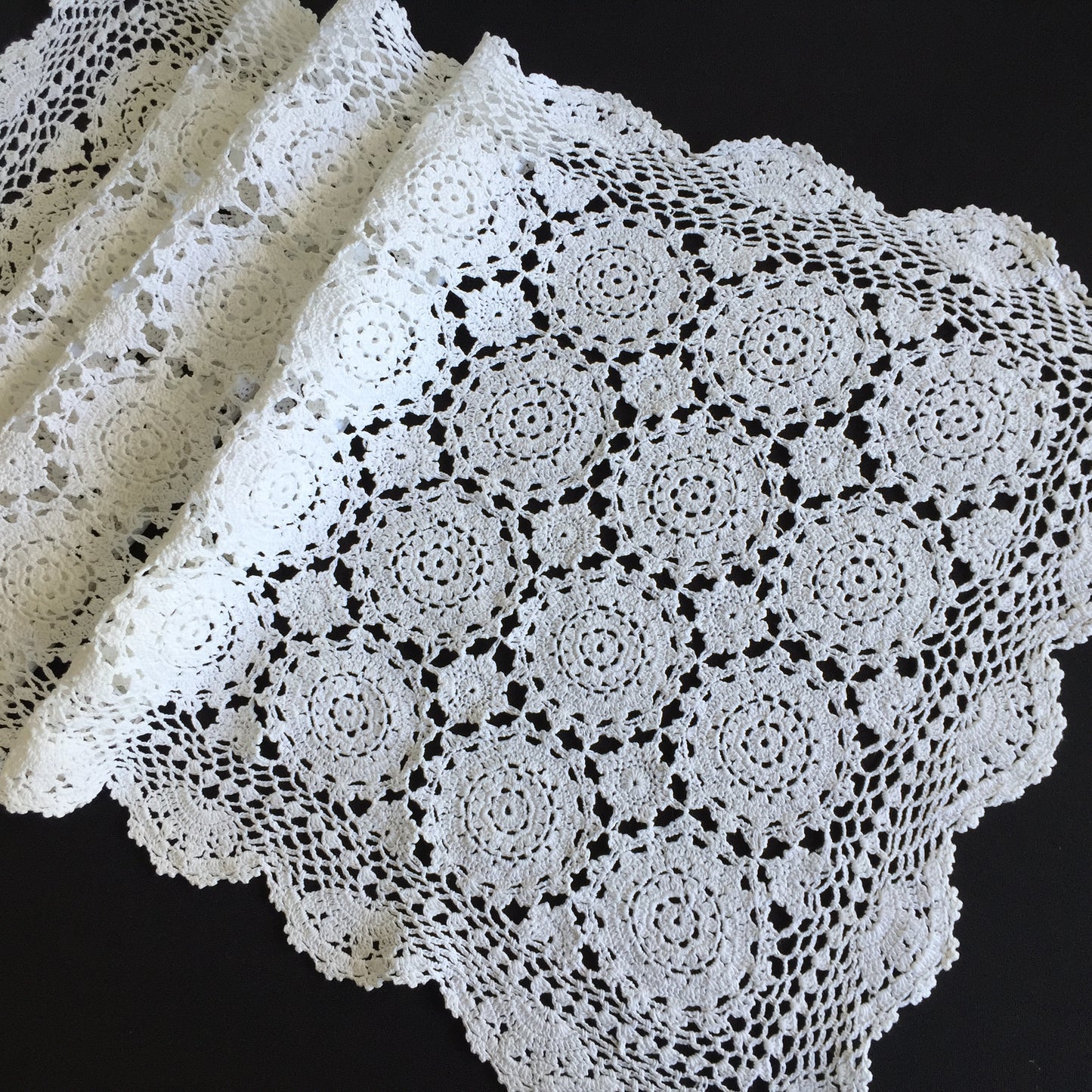 White Cotton Crochet Lace Table Runner | Handmade Vintage