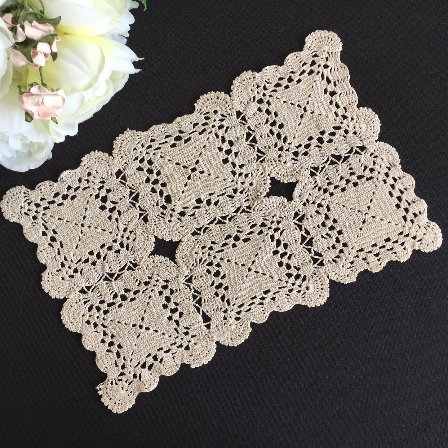 Beige Cotton Crochet Lace Table Centre Doily | Mid-Century Vintage