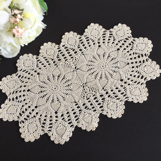 Vintage Crocheted Lace Doily | Handmade Beige Tray Cloth with Pineapple Pattern
