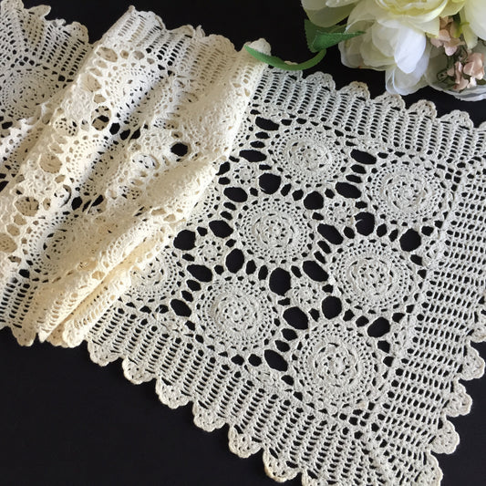 1970s Crochet Lace Table Runner | Handmade Vintage Beige Cotton