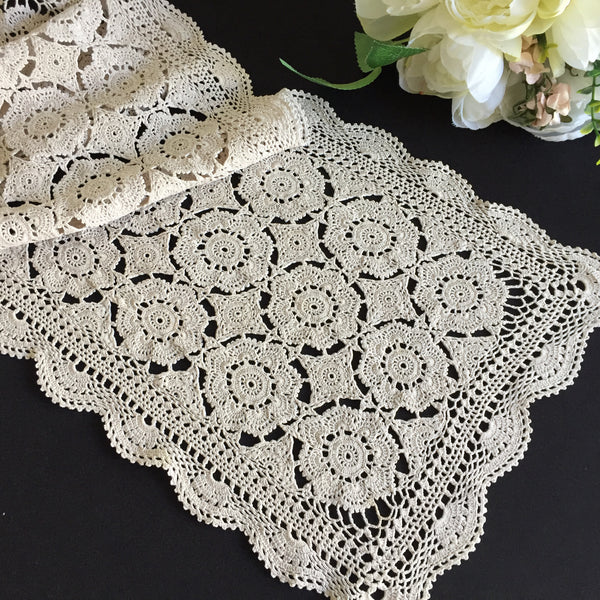 1970s Crochet Lace Table Runner | Handmade Vintage Beige Cotton