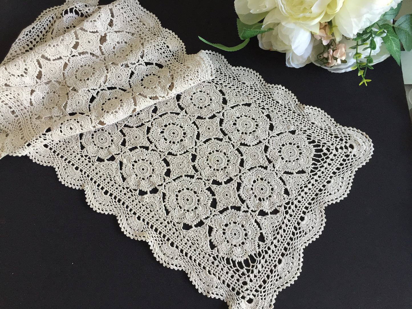 1970s Crochet Lace Table Runner | Handmade Vintage Beige Cotton