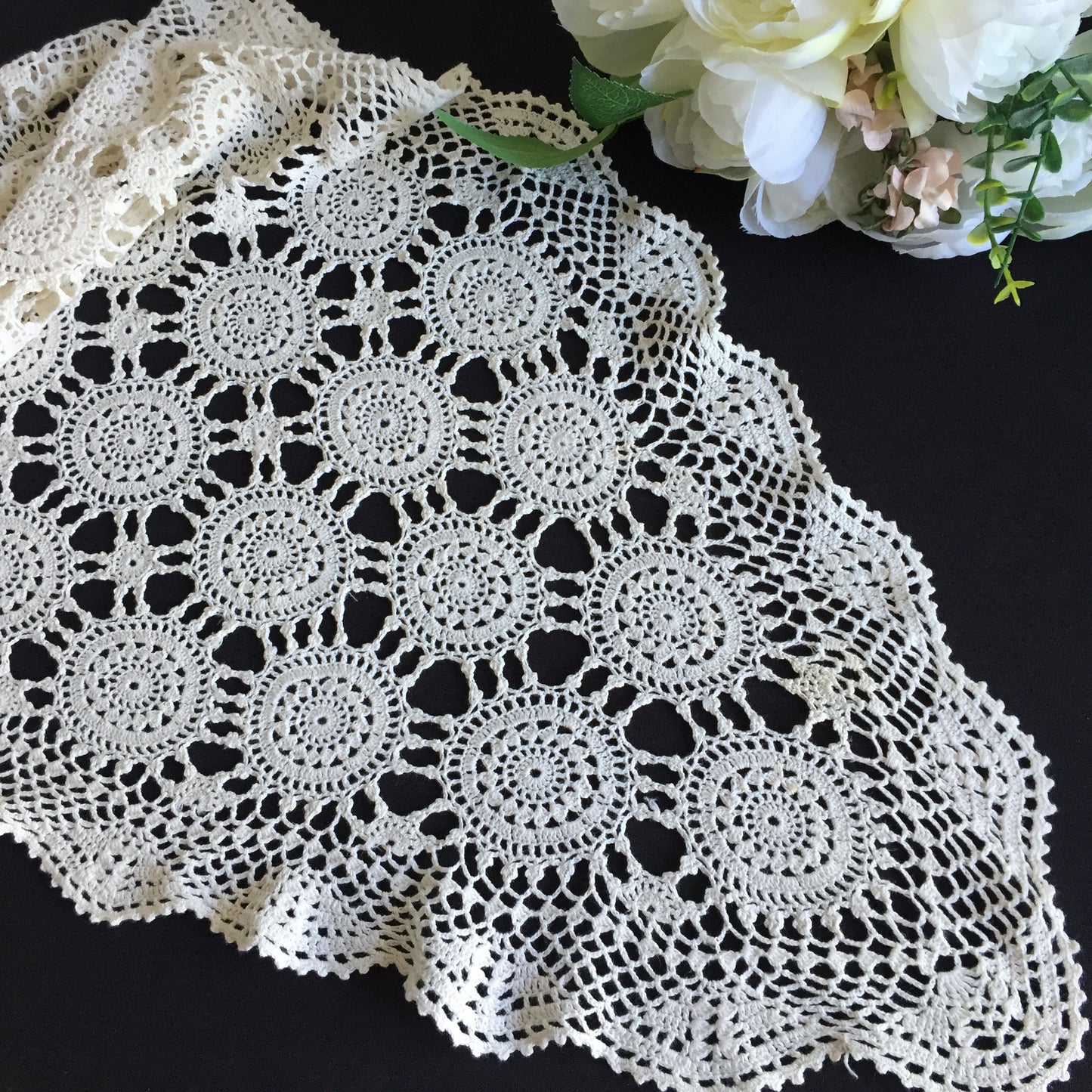 1970s Crochet Lace Table Runner | Handmade Vintage Beige Cotton