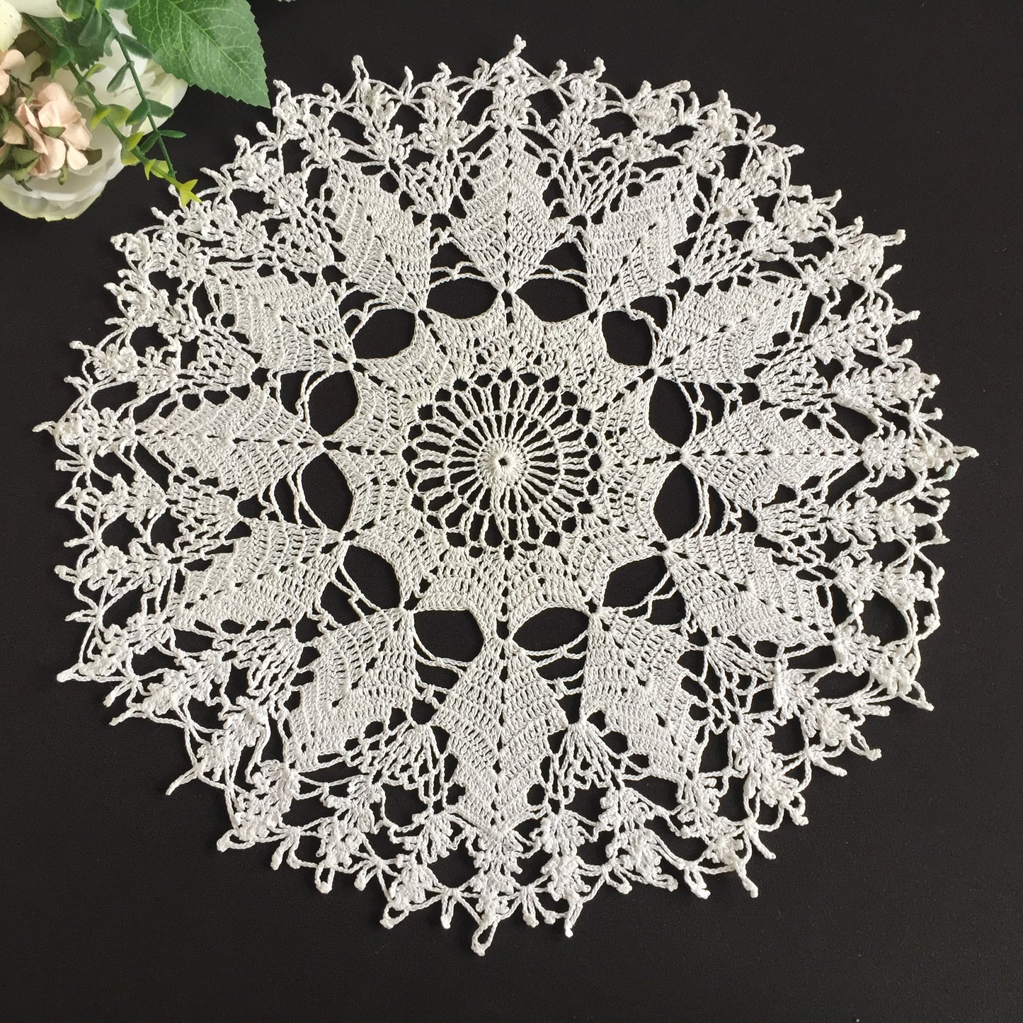 Mid-Century Handmade Vintage Crocheted White Cotton Lace 13.5" Doily