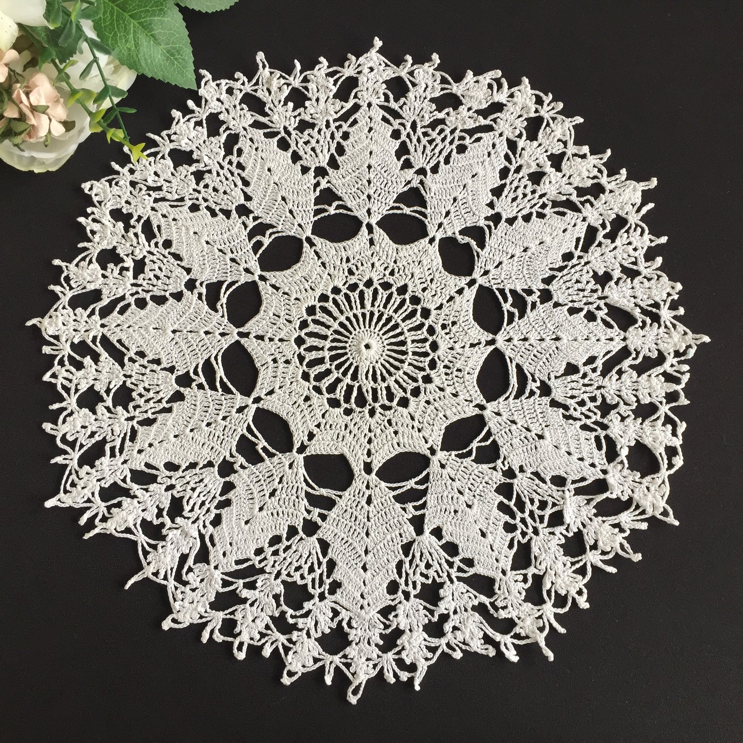 Mid-Century Handmade Vintage Crocheted White Cotton Lace 13.5" Doily