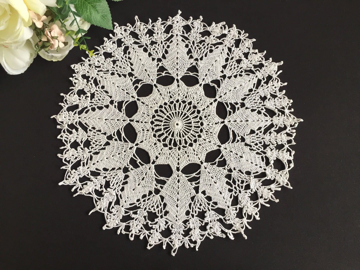 Mid-Century Handmade Vintage Crocheted White Cotton Lace 13.5" Doily